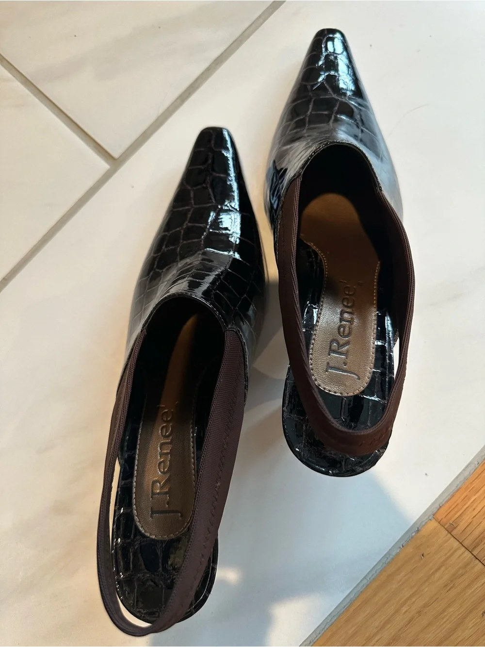 J. Renee Black Mock Croc Embossed Slingback Kitten Heels Mules